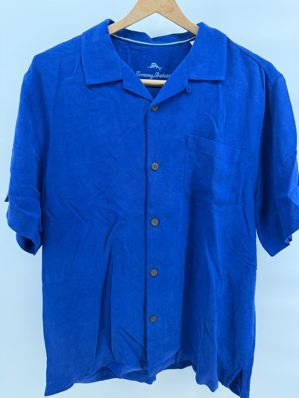 Tommy Bahama Camp Collar Hawaiian Shirt Mens L Royal Blue Button Down